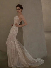 Strapless Shiny Sequins Wedding Dresses, Newest Long Prom Dresses, High Side Slit Wedding Dresses