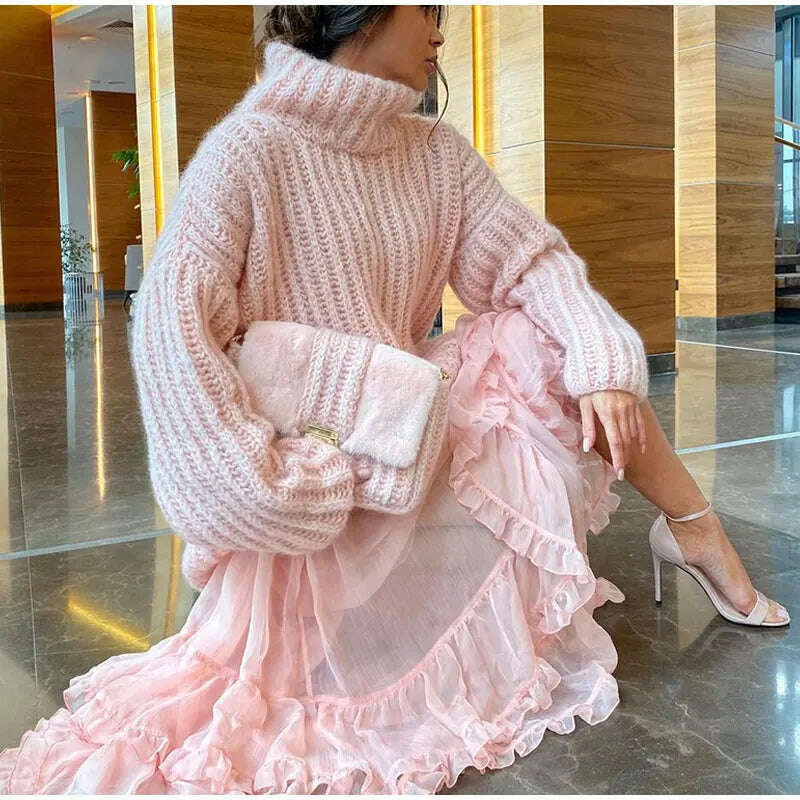 2023 Fashion Fluffy Turtleneck Women Sweater Tops Knitted Casual Warm Sweaters Female Lady Soft Long Sleeve Pullover Streetwear