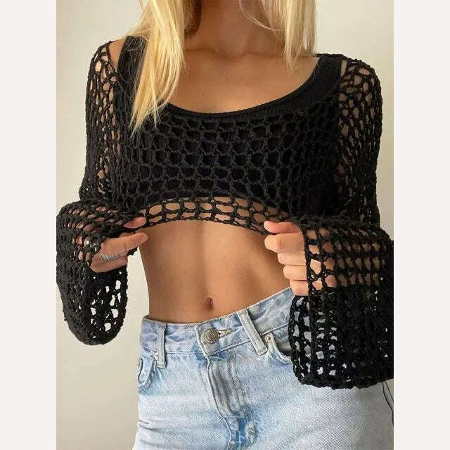 2023 Summer Y2k Crochet Knit Hollow Out Tops Vintage Mesh Top Grunge Clothes 2000s Aesthetic Mesh Sweatshirt Crop Top for Women