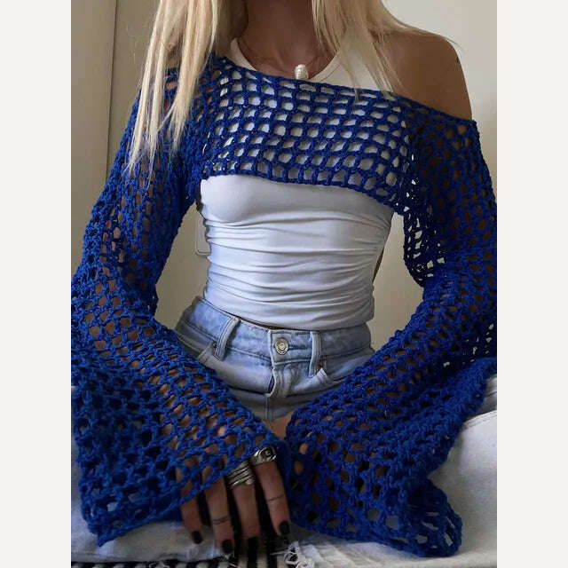 2023 Summer Y2k Crochet Knit Hollow Out Tops Vintage Mesh Top Grunge Clothes 2000s Aesthetic Mesh Sweatshirt Crop Top for Women