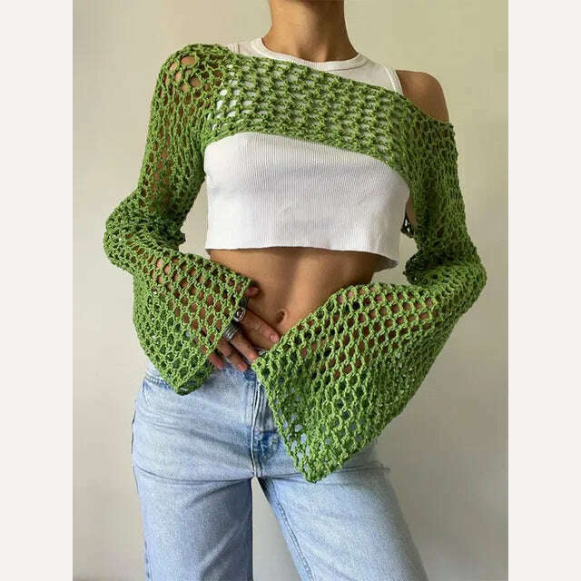 2023 Summer Y2k Crochet Knit Hollow Out Tops Vintage Mesh Top Grunge Clothes 2000s Aesthetic Mesh Sweatshirt Crop Top for Women