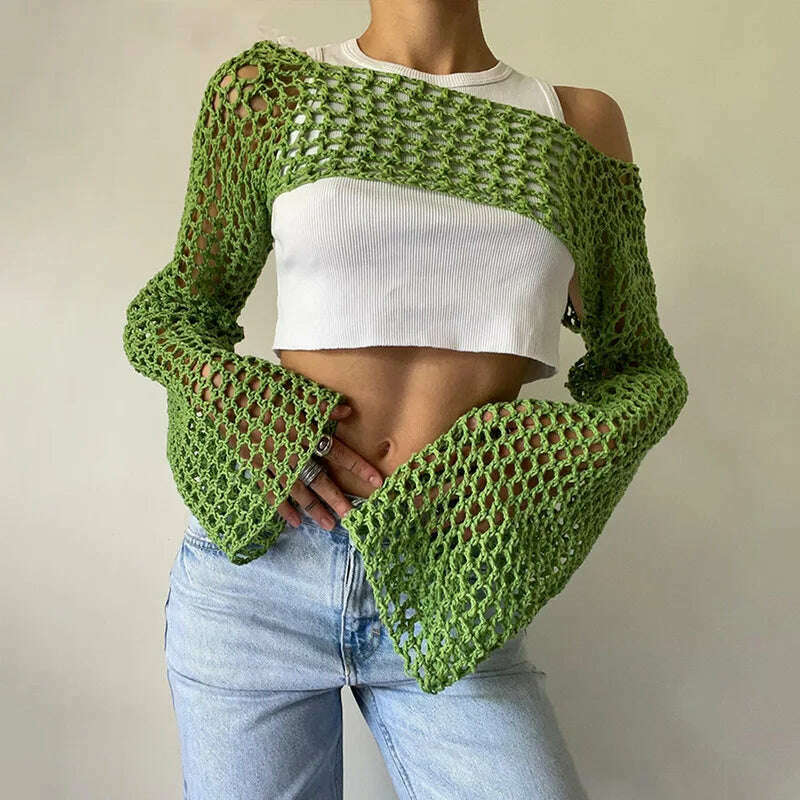 2023 Summer Y2k Crochet Knit Hollow Out Tops Vintage Mesh Top Grunge Clothes 2000s Aesthetic Mesh Sweatshirt Crop Top for Women