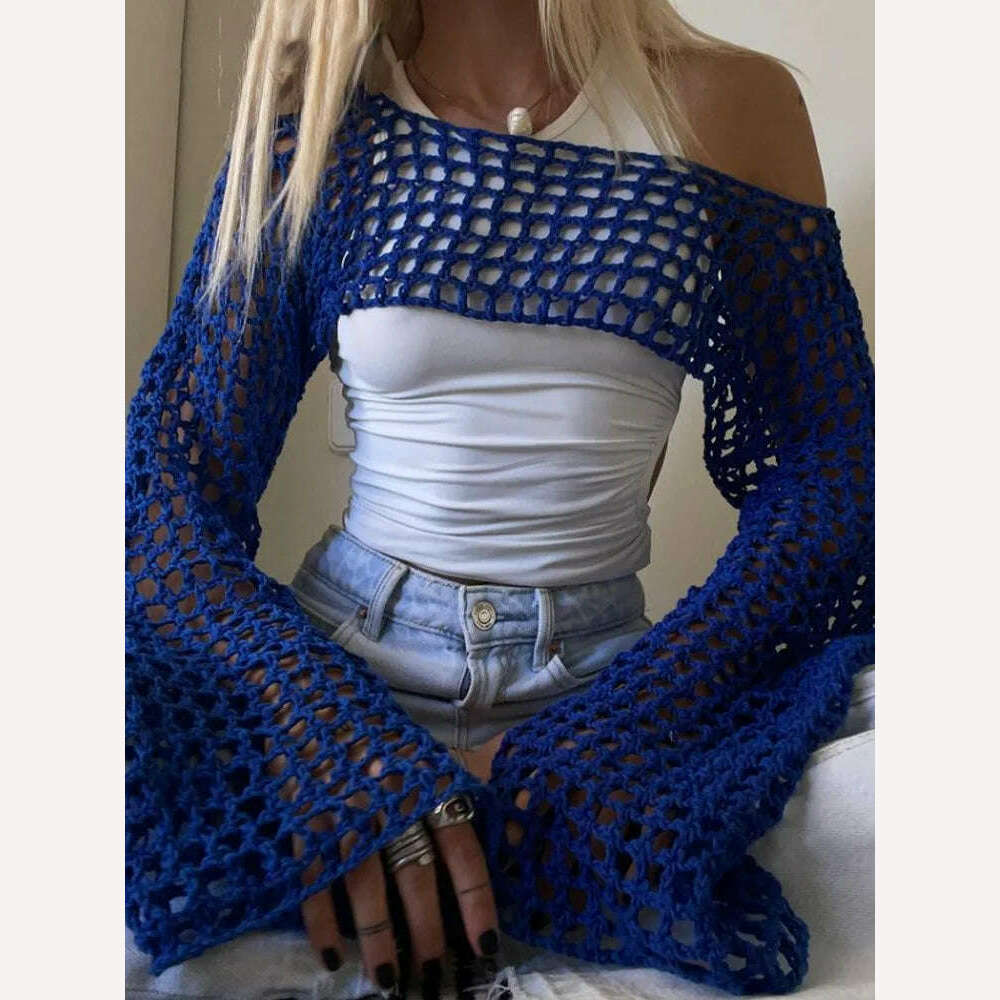 2023 Summer Y2k Crochet Knit Hollow Out Tops Vintage Mesh Top Grunge Clothes 2000s Aesthetic Mesh Sweatshirt Crop Top for Women