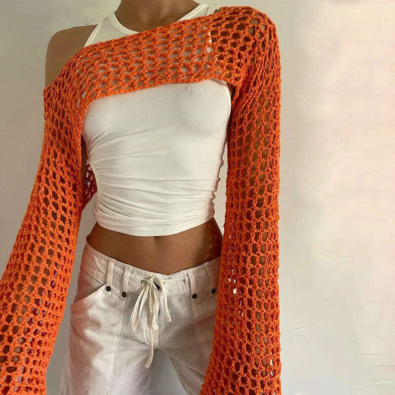 2023 Summer Y2k Crochet Knit Hollow Out Tops Vintage Mesh Top Grunge Clothes 2000s Aesthetic Mesh Sweatshirt Crop Top for Women