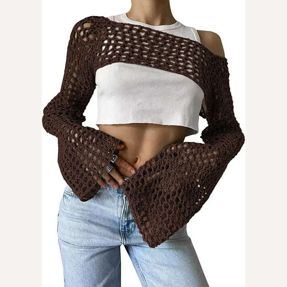 2023 Summer Y2k Crochet Knit Hollow Out Tops Vintage Mesh Top Grunge Clothes 2000s Aesthetic Mesh Sweatshirt Crop Top for Women