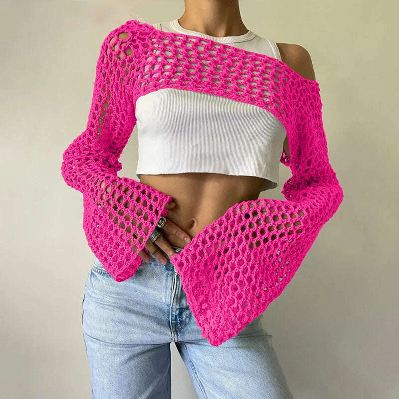 2023 Summer Y2k Crochet Knit Hollow Out Tops Vintage Mesh Top Grunge Clothes 2000s Aesthetic Mesh Sweatshirt Crop Top for Women