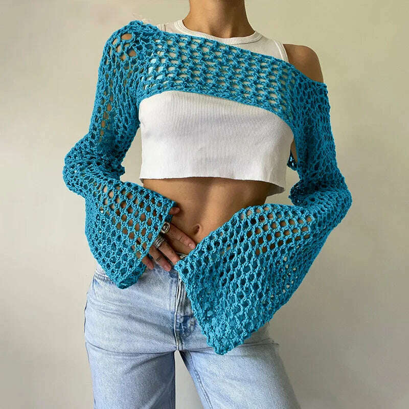 2023 Summer Y2k Crochet Knit Hollow Out Tops Vintage Mesh Top Grunge Clothes 2000s Aesthetic Mesh Sweatshirt Crop Top for Women