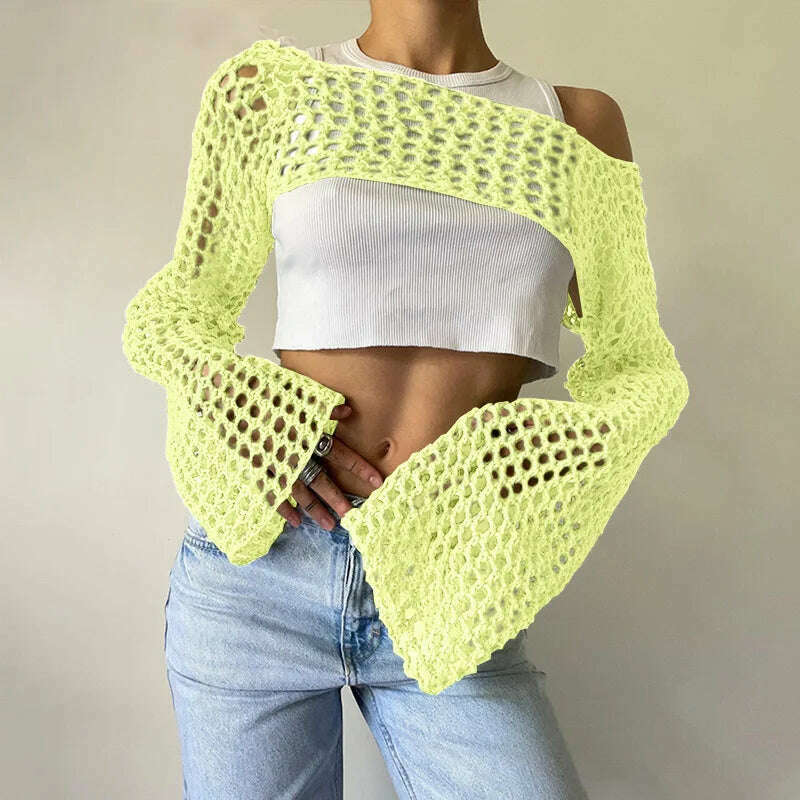 2023 Summer Y2k Crochet Knit Hollow Out Tops Vintage Mesh Top Grunge Clothes 2000s Aesthetic Mesh Sweatshirt Crop Top for Women