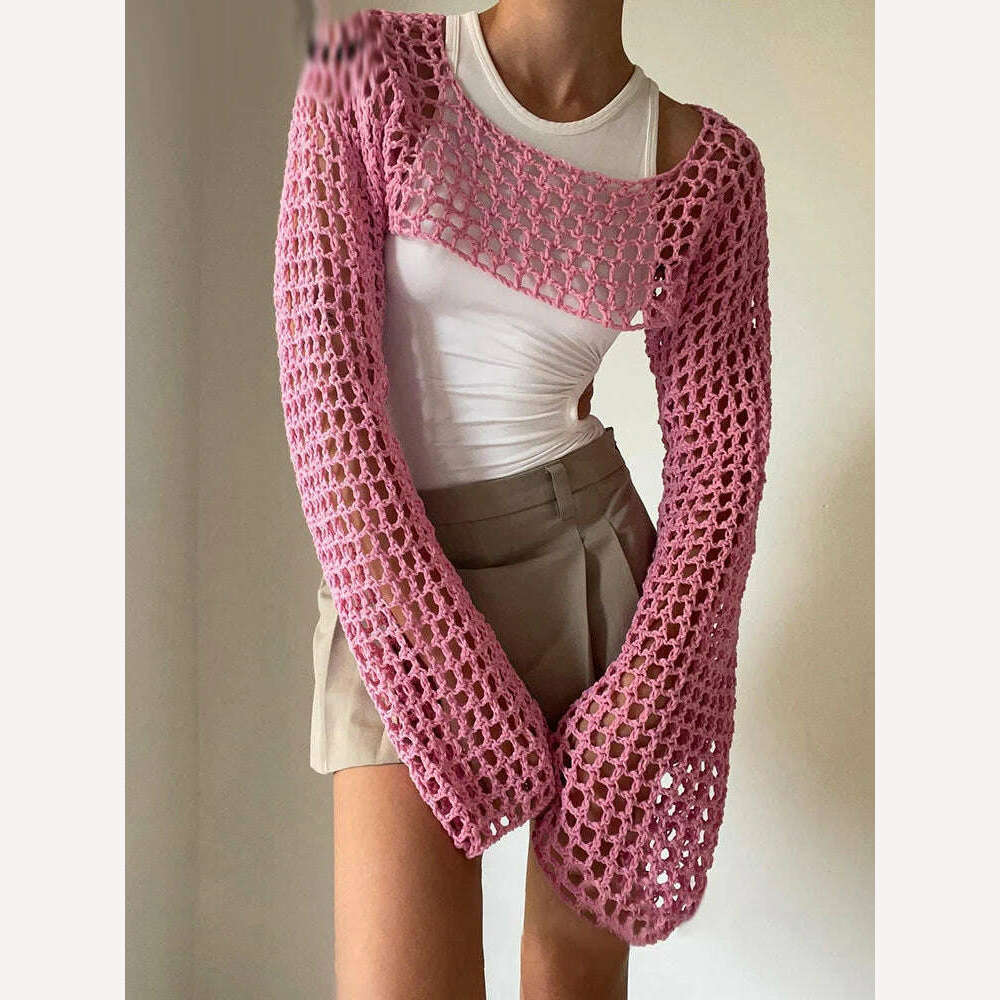 2023 Summer Y2k Crochet Knit Hollow Out Tops Vintage Mesh Top Grunge Clothes 2000s Aesthetic Mesh Sweatshirt Crop Top for Women