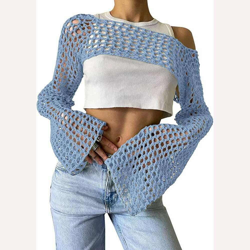 2023 Summer Y2k Crochet Knit Hollow Out Tops Vintage Mesh Top Grunge Clothes 2000s Aesthetic Mesh Sweatshirt Crop Top for Women