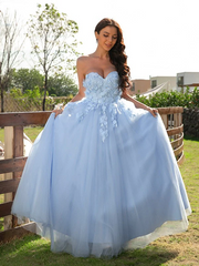 Sky Blue A-line Tulle Prom Dresses, Sweetheart Lace Newest 2023 Long Prom Dresses, Elegant Girl Dresses