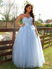 Sky Blue A-line Tulle Prom Dresses, Sweetheart Lace Newest 2023 Long Prom Dresses, Elegant Girl Dresses