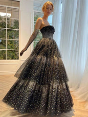 Strapless A-line Ruffled Black Tulle Prom Dresses, Glittery Tulle Prom Dresses, Newest Prom Dresses