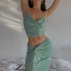 2 Pieces Mint Sequin Prom Dresses, Maxi Dresses, Party Dresses, Shiny Prom Dresses, Newest Prom Dresses