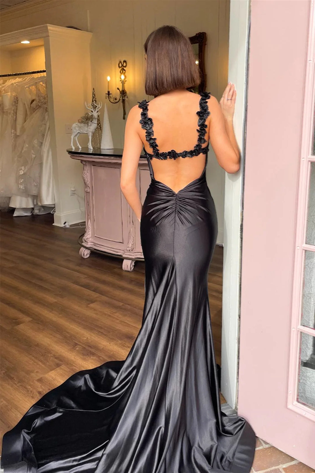 Simple Black Long Prom Dresses, Floral Straps Mermaid Evening Dresses, Newest 2024 Long Prom Dresses