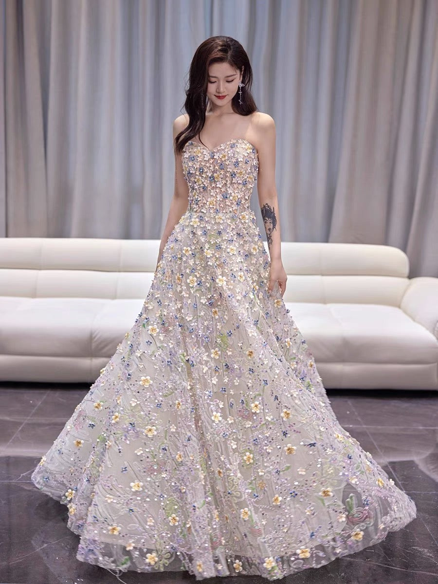 Appliques Beaded Long Prom Dresses, Luxury Floral Wedding Dresses,A-line Newest 2024 Long Prom Dresses