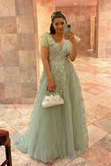 Elegant Lace A-line Wedding Dresses, V-neck Newest 2024 Long Prom Dresses, Pregnant Prom Dresses