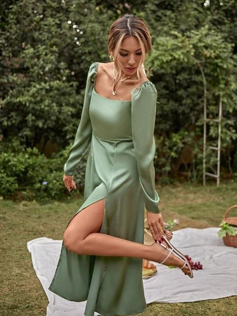 Tea Length Newest 2024 Long Prom Dresses, Long Sleeves Bridesmaid Dresses, Popular Wedding Guest Dresses