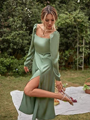 Tea Length Newest 2024 Long Prom Dresses, Long Sleeves Bridesmaid Dresses, Popular Wedding Guest Dresses