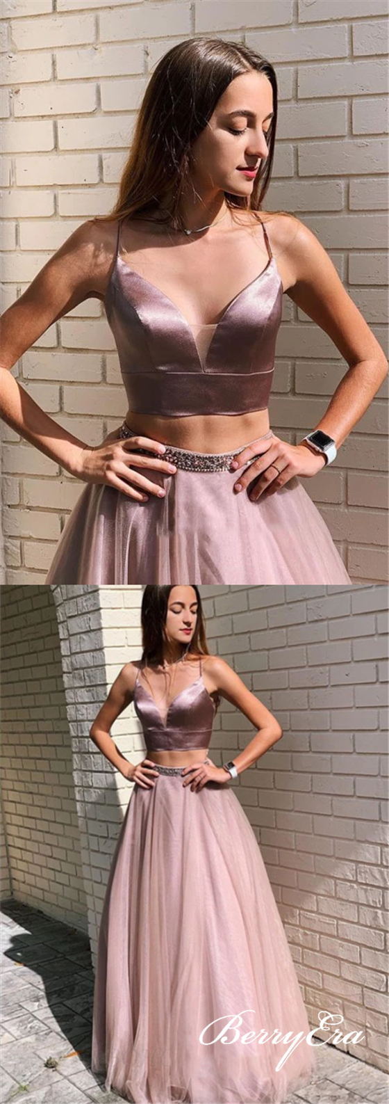 2 Pieces Dusty Rose Satin Top Tulle Long Prom Dresses, Newest Prom Dresses, Prom Dresses