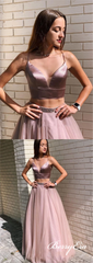 2 Pieces Dusty Rose Satin Top Tulle Long Prom Dresses, Newest Prom Dresses, Prom Dresses