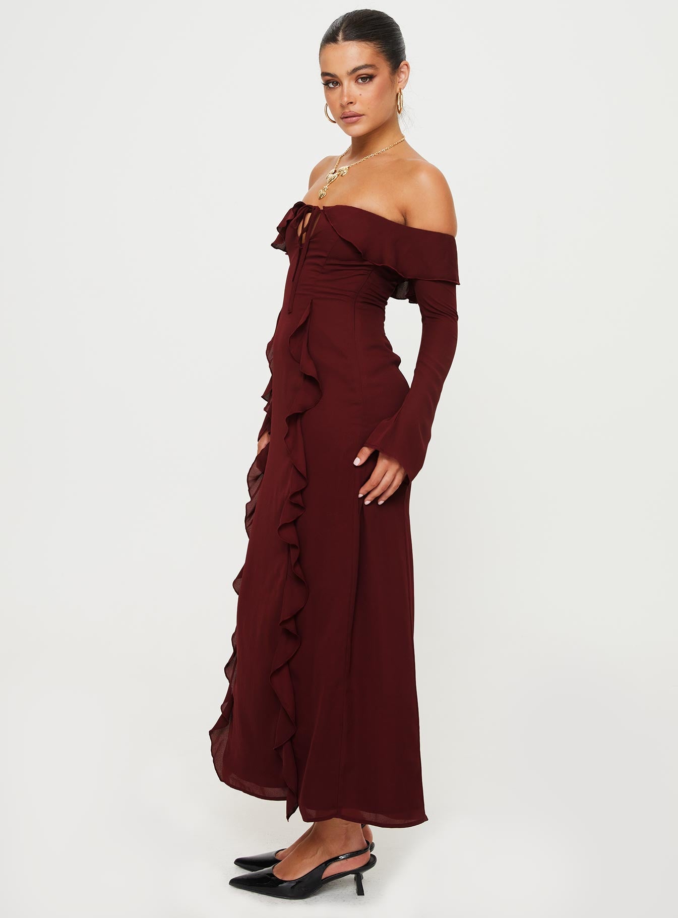 Molins Off The Shoulder Maxi Dress Burgundy