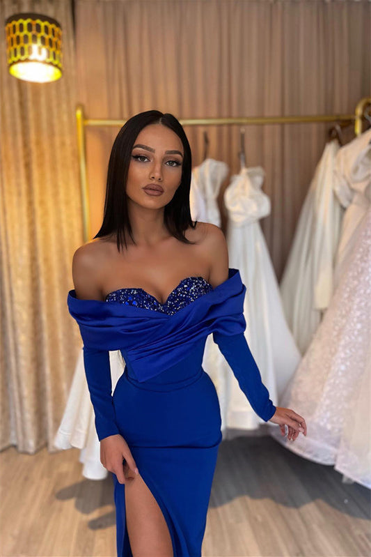 Off the Shoulder Royal Blue Beaded Jersey Prom Dresses, Sexy Mermaid Long Prom Dresses, 2024 Prom Dresses