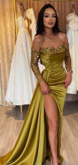 Sweetheart Noble Pickle Green Prom Dresses, Beaded Sequin Long Prom Dresses, High Slit Prom Dresses, 2024 Prom Dresses