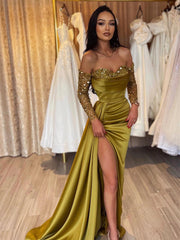 Sweetheart Noble Pickle Green Prom Dresses, Beaded Sequin Long Prom Dresses, High Slit Prom Dresses, 2024 Prom Dresses