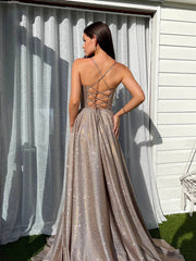 Spaghetti Long A-line Prom Dresses, Shemmering Jersey Prom Dresses, High Slit Prom Dresses, 2023 Prom Dresses, Formal Dresses