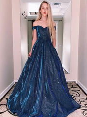 Sparkly A-line Long Prom Dresses, Off Shoulder Prom Dresses, 2020 Newest Prom Dresses