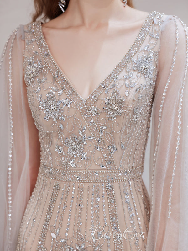 V-neck Sheath Prom Dresses, High Quality Beaded Prom Dresses, Newest 2023 Prom Dresses