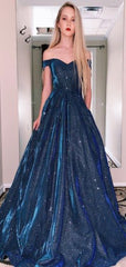 Sparkly A-line Long Prom Dresses, Off Shoulder Prom Dresses, 2020 Newest Prom Dresses