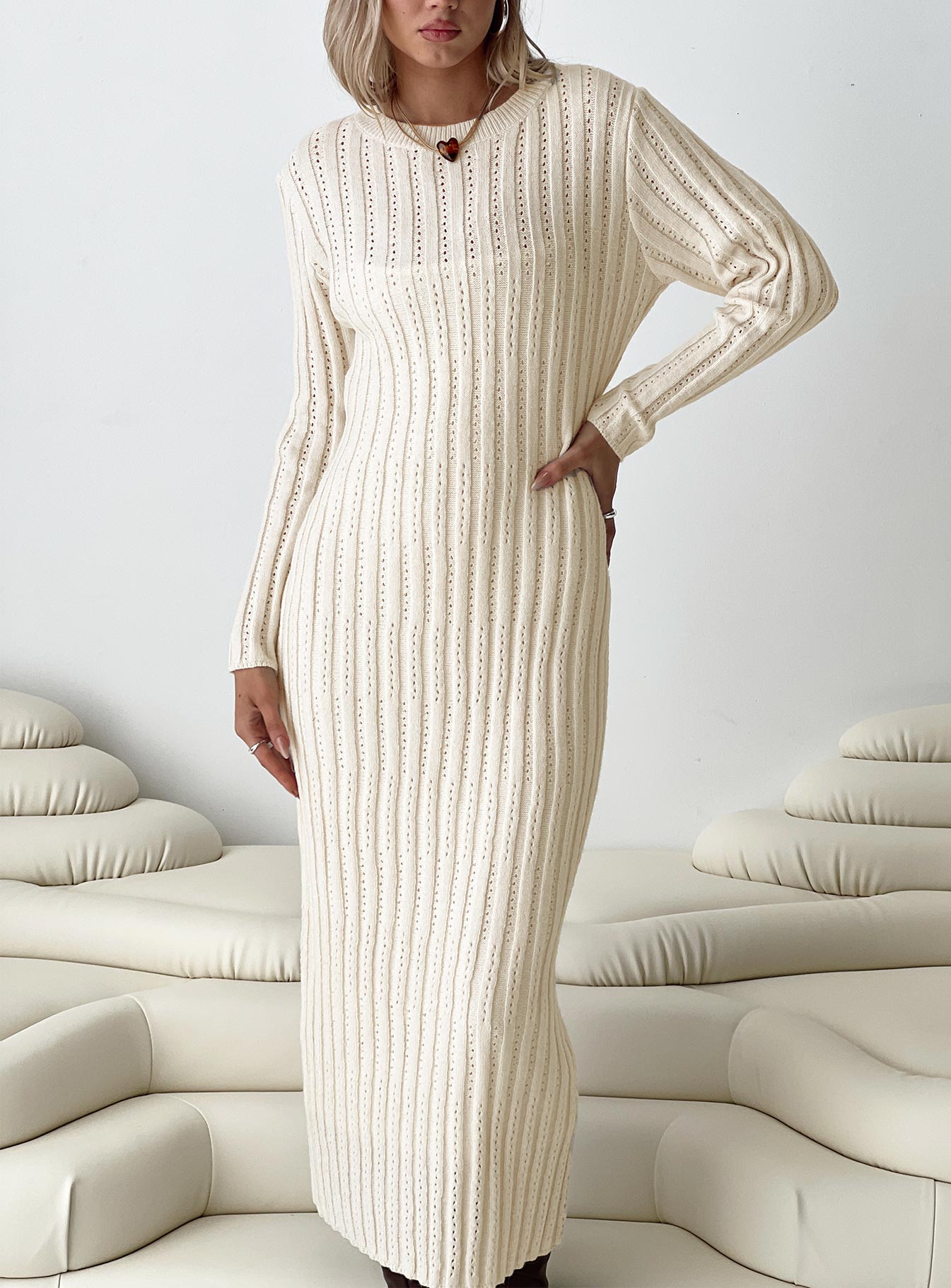 Rahne Long Sleeve Knit Maxi Dress Cream