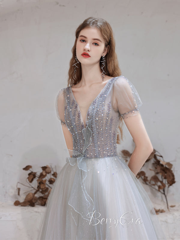 V-neck Light Grey Beaded Sequin Tulle Prom Dresses, A-line Prom Dresses, 2023 Prom Dresses, Newest Graduation Party Dresses