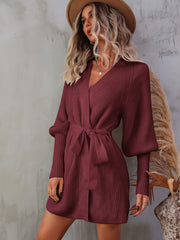 BELTED LANTERN SLEEVE WRAP CASUAL SWEATER MINI DRESS