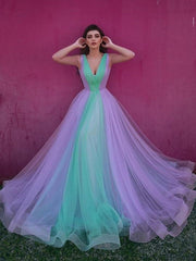 V-neck Tulle Colorful Prom Dresses, A-line 2021 Prom Dresses, Newest Long Prom Dresses