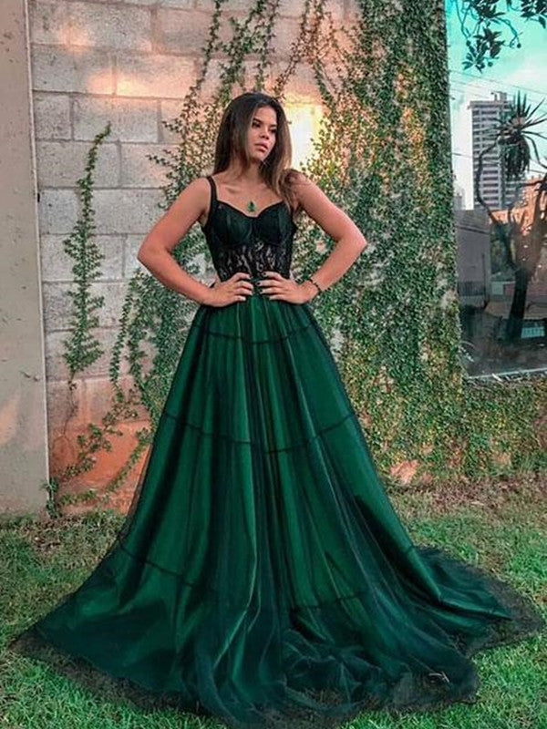 Emerald Green Color A-line Newest Prom Dresses, Stylish Lace Tulle Long Prom Dresses 2022. Wedding Guest Party Dresses