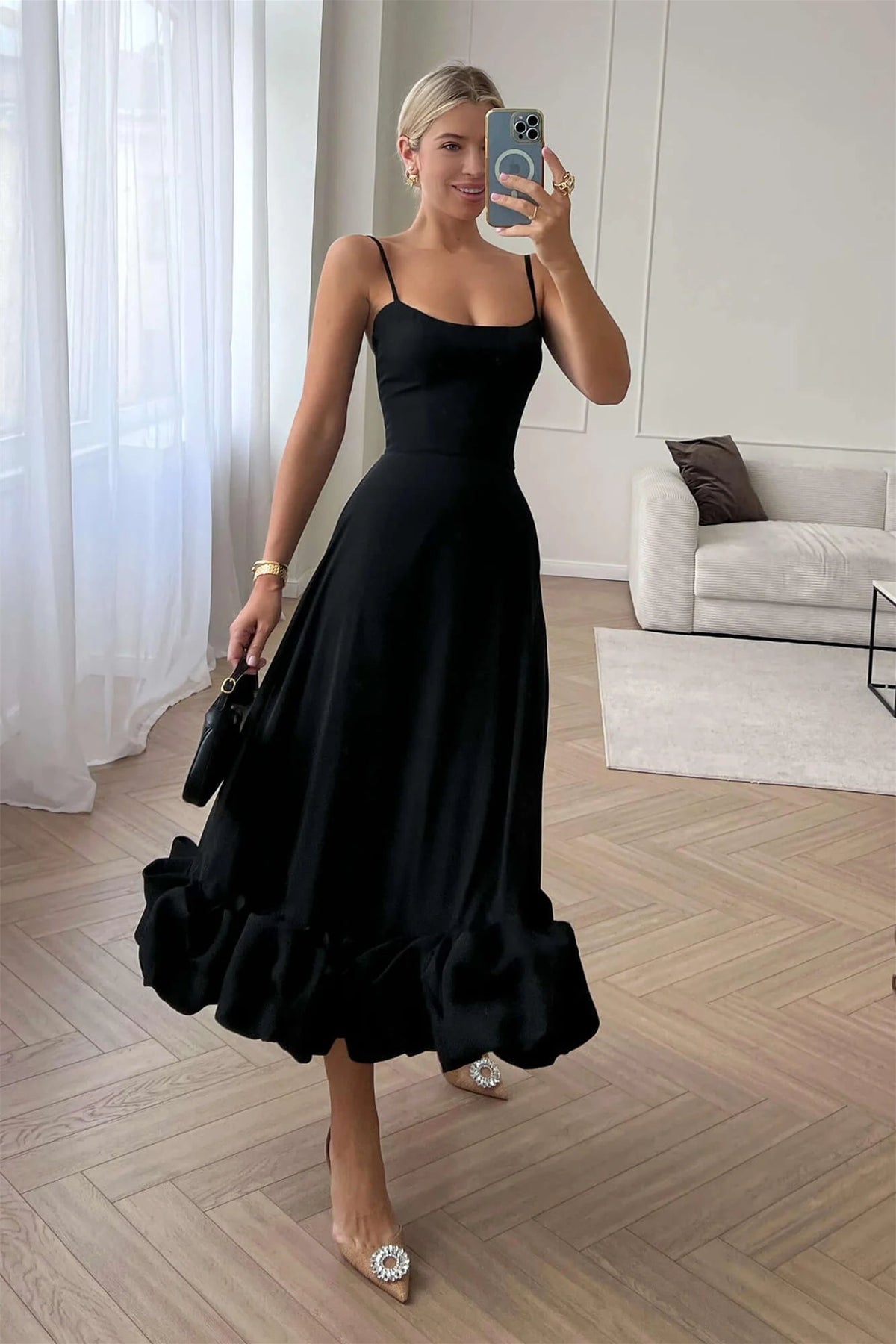 Scoop Neckline Black Midi Dresses, Unique Ruffles Skirt, Simple Black Dresses, Newest Prom Dresses, Wedding Guest Dresses, Bridesmaid Dresses