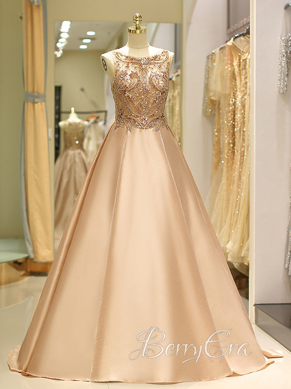 Round Neckline A-line Beaded Satin Prom Dresses, Newest Prom Dresses, Luxury Prom Dresses