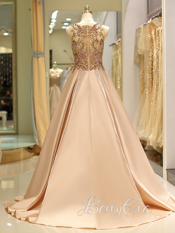 Round Neckline A-line Beaded Satin Prom Dresses, Newest Prom Dresses, Luxury Prom Dresses