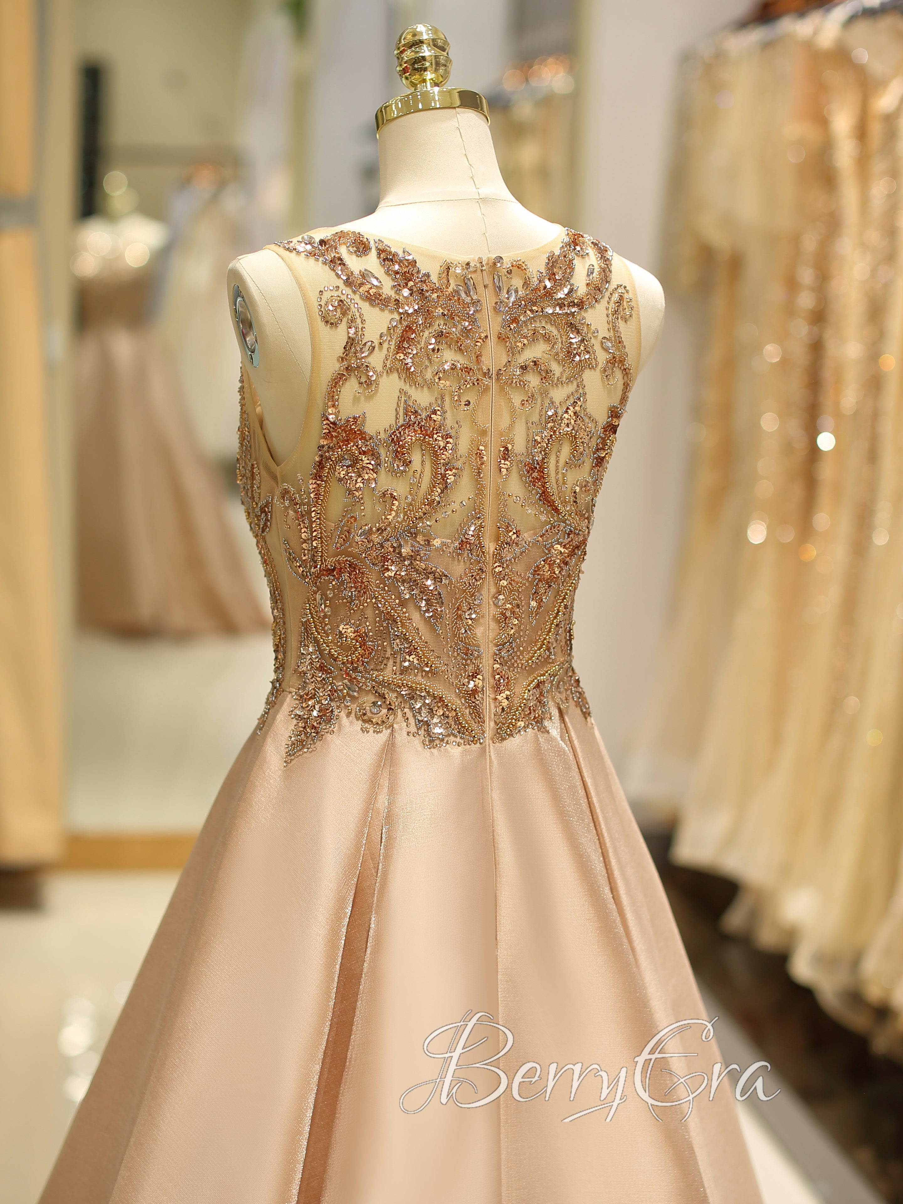 Round Neckline A-line Beaded Satin Prom Dresses, Newest Prom Dresses, Luxury Prom Dresses