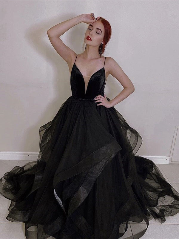 Spaghetti Black Tulle Prom Gown, A-line Prom Dresses, 2021 Prom Dresses, Newest Prom Dresses