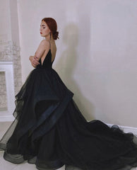 Spaghetti Black Tulle Prom Gown, A-line Prom Dresses, 2021 Prom Dresses, Newest Prom Dresses