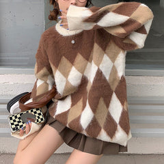 Mocha Fuzzy Argyle Sweater