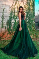 Emerald Green Color A-line Newest Prom Dresses, Stylish Lace Tulle Long Prom Dresses 2022. Wedding Guest Party Dresses