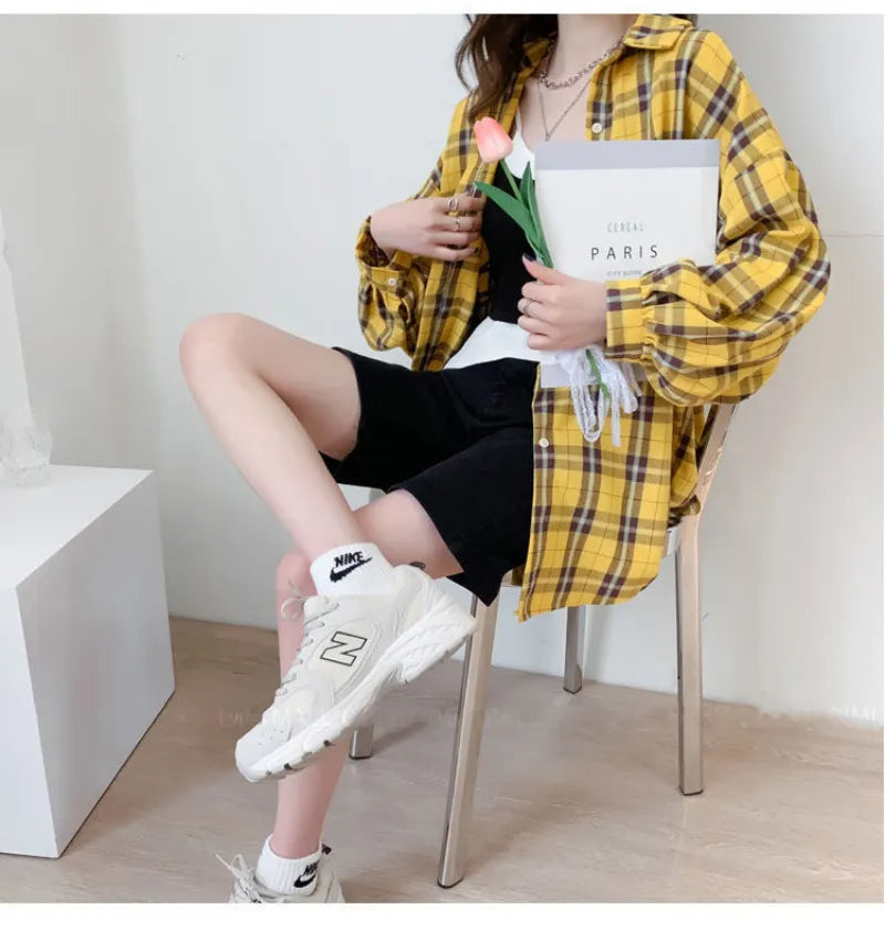 Fashion Plaid Button Up Shirt Women Spring 2022 New Oversize Long Sleeve Tops Female Harajuku Daily All-match Chic Yellow Shirts