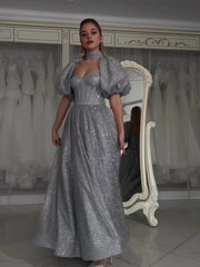 2 Pieces Grey Shiny Prom Dresses, A-line Prom Dresses, Gliter Prom Dresses, 2023 Prom Dresses