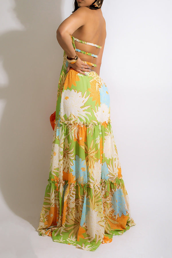 Tube Top Pleated Floral Panel Maxi Dress