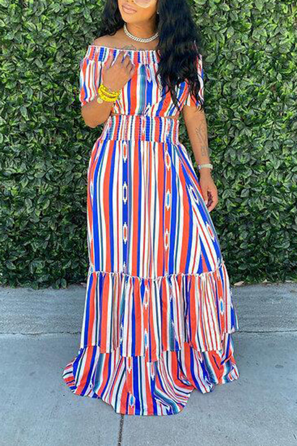 Off Shoulder Striped Maxi Dress